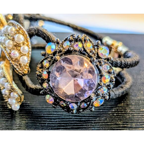 Betsey Johnson Faux Pearl Rhinestone Embellished Bow Hinged Cuff Bracelet - Picture 7 of 7